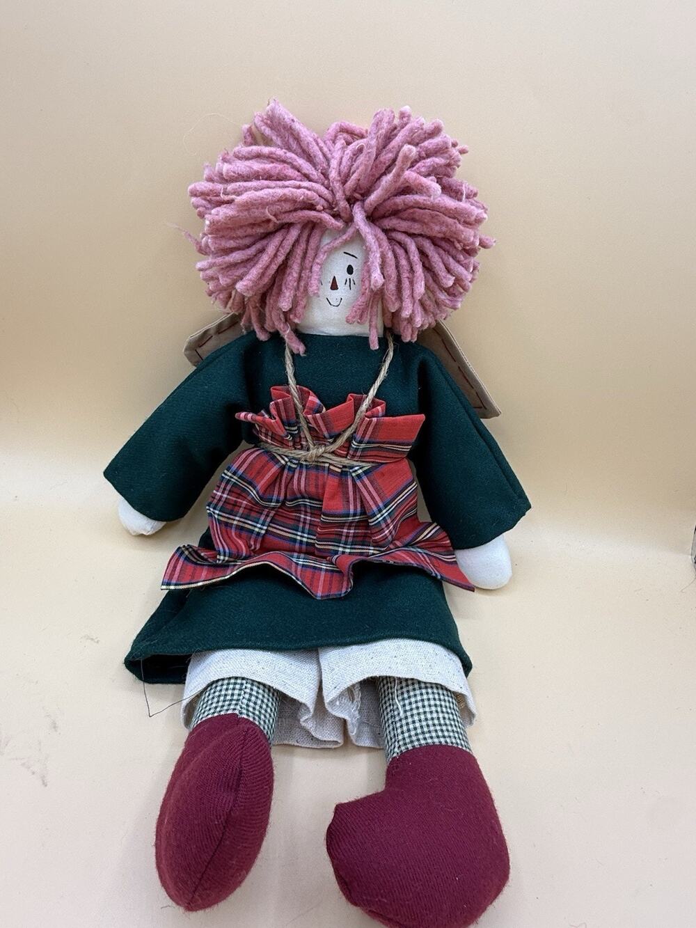 Handmade Primitive Rag Doll Pink Yarn Hair Plaid Apron Country Folk Art 16”